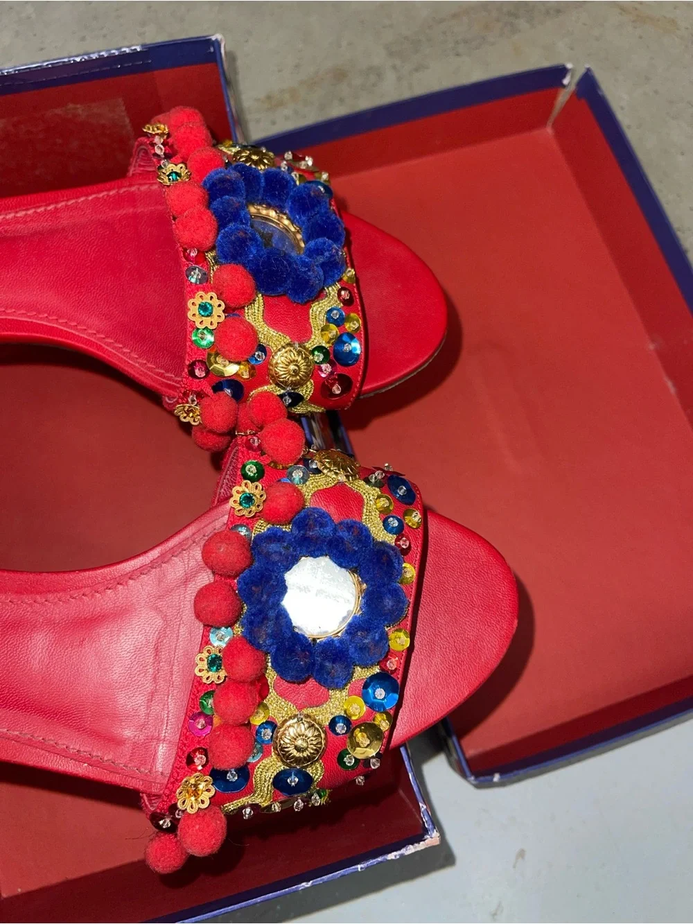 Statement Piece Dolce & Gabbana Red Embellished Pom-Pom Slide Mules - Picture 5 of 10